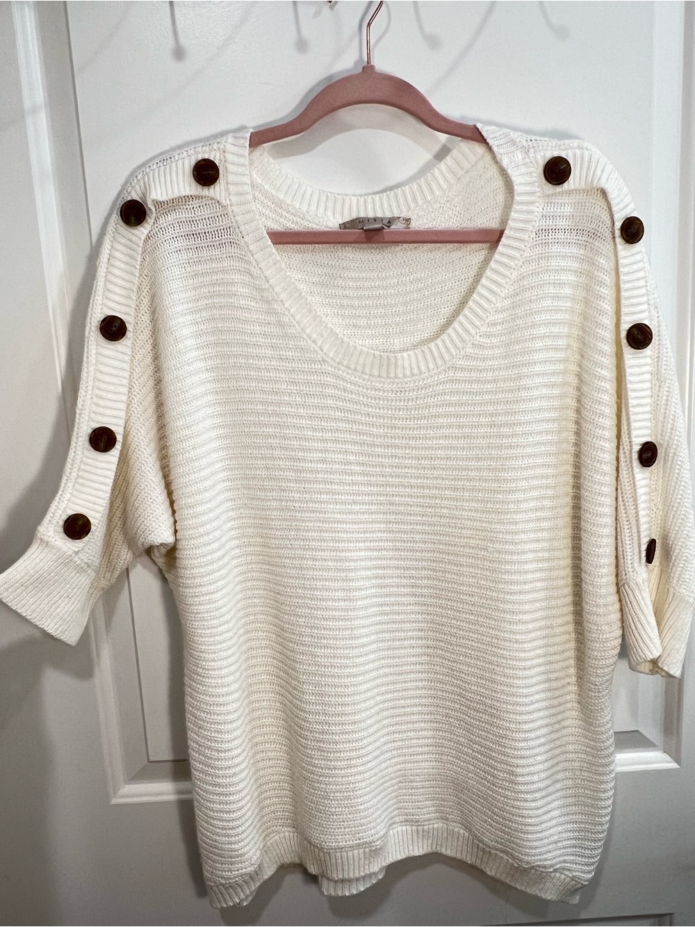 Misia Cream Scoop Neck Button-Shoulder Sweater Shirt